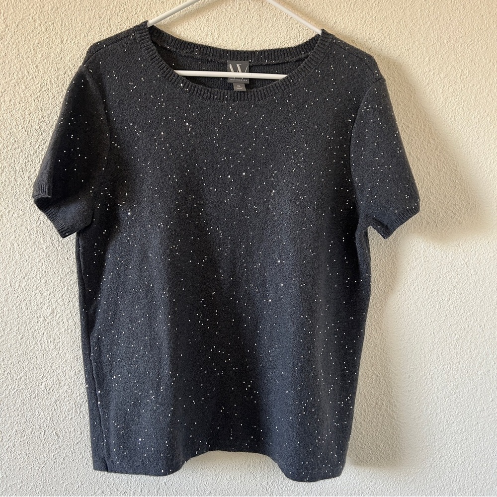 Worthington Wool Blend Fine Knit Sequined Sweater Short Sleeve Women XL Holiday